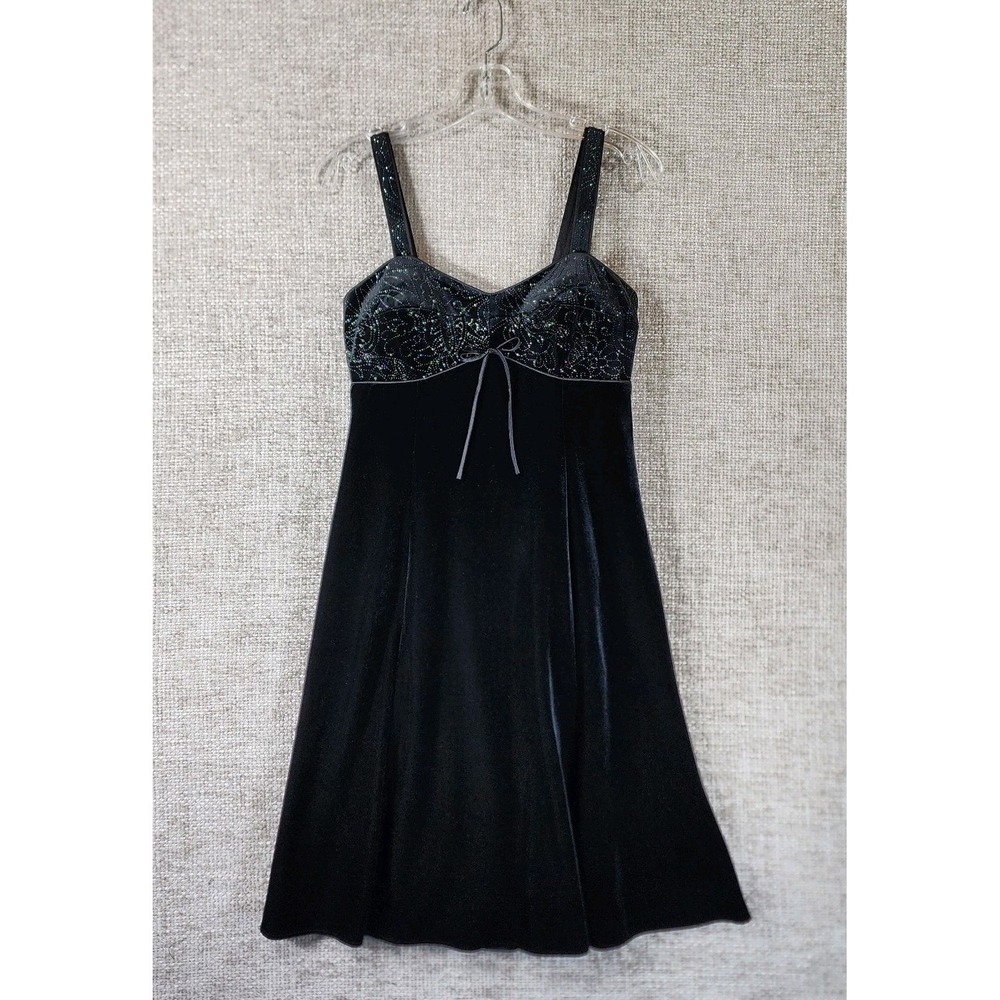 Madison Leigh Black Velour Babydoll Dress Womens 8P Petite Y2K Jewels Smocked